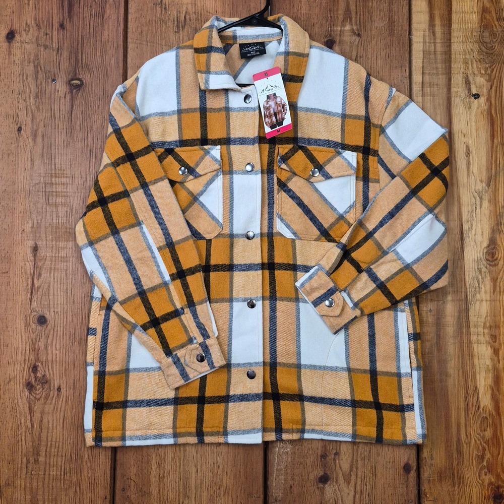 HFX Women's Plaid Snap Front Shirt Jacket Mustard Yellow White Size M